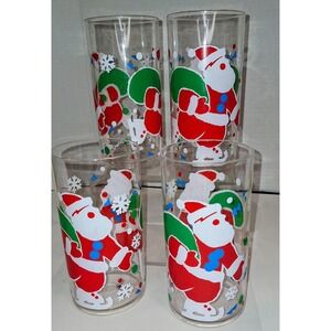 vtg Dept 56 acrylic 4 glasses Santa skates xmas 16 ounce Cheryl Johnson Plastic